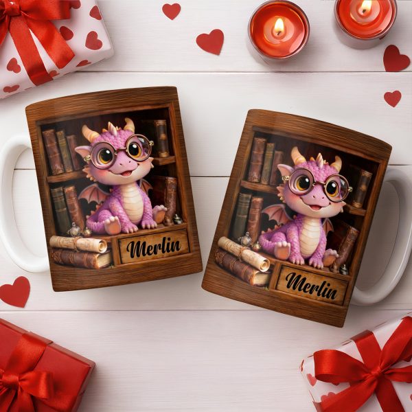 Cute Baby Dragon With Glasses, Books And Scrolls Wooden Bookshelf - Personalized Custom Coffee Mug - BLV093_MG