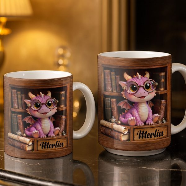 Cute Baby Dragon With Glasses, Books And Scrolls Wooden Bookshelf - Personalized Custom Coffee Mug - BLV093_MG