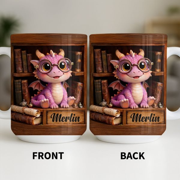 Cute Baby Dragon With Glasses, Books And Scrolls Wooden Bookshelf - Personalized Custom Coffee Mug - BLV093_MG