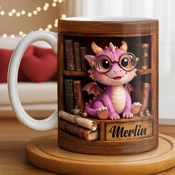 Cute Baby Dragon With Glasses, Books And Scrolls Wooden Bookshelf - Personalized Custom Coffee Mug - BLV093_MG