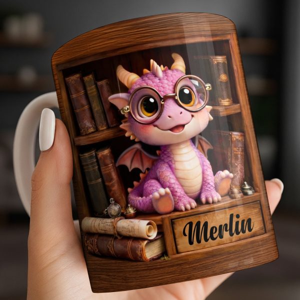 Cute Baby Dragon With Glasses, Books And Scrolls Wooden Bookshelf - Personalized Custom Coffee Mug - BLV093_MG