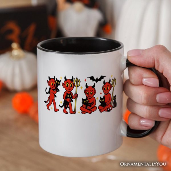 Cute Red Devils and Cats Personalized Mug, Vintage Halloween Gift with Custom Name