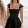 Cute Scalloped Cap Sleeve Square Neck Fit & Flare Mini Summer Sundress - Black