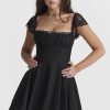 Cute Scalloped Cap Sleeve Square Neck Fit & Flare Mini Summer Sundress - Black