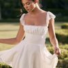 Cute Scalloped Cap Sleeve Square Neck Fitted Flare Mini Summer Sundress - White