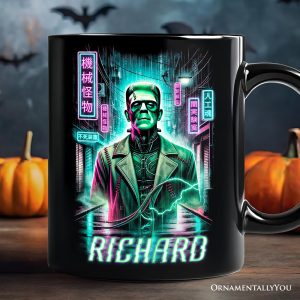 Cyberpunk Frankenstein Personalized Mug, Neon Halloween Monster Gift with Custom Name
