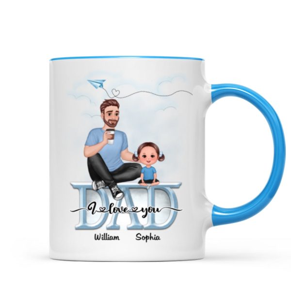 Dad We Love You Cartoon Dad & Doll Kids Sitting On Word Personalized Mug