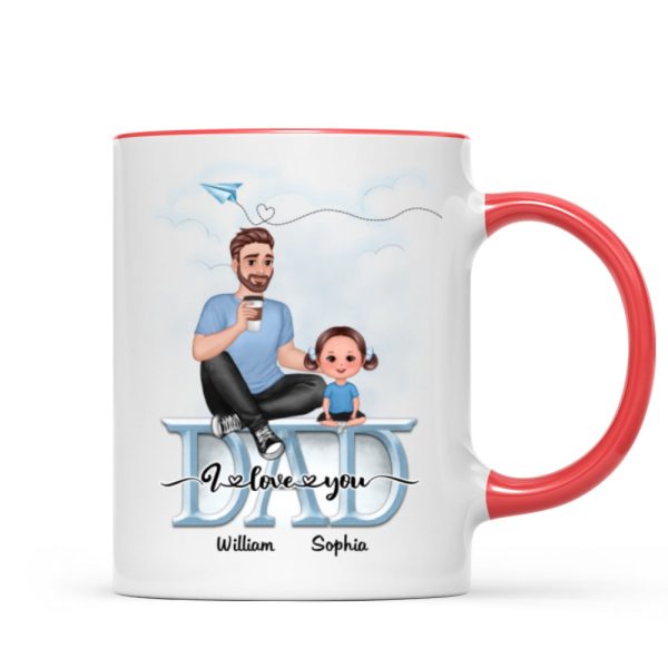 Dad We Love You Cartoon Dad & Doll Kids Sitting On Word Personalized Mug