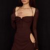 Darling Halter Neck Long Sleeve Cutout Club Mini Dress - Chocolate