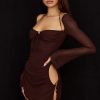 Darling Halter Neck Long Sleeve Cutout Club Mini Dress - Chocolate