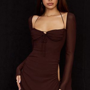 Darling Halter Neck Long Sleeve Cutout Club Mini Dress - Chocolate