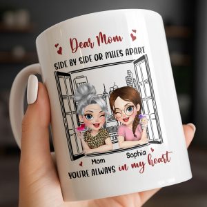 Dear Mom Side By Side Or Miles Apart Cityscape And Hearts Design - Personalized Custom Coffee Mug - MOM135_MG