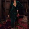 Deep Neck Velvet Long Sleeve Bodycon Midi Dress