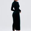 Deep Neck Velvet Long Sleeve Bodycon Midi Dress