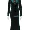 Deep Neck Velvet Long Sleeve Bodycon Midi Dress