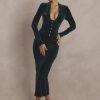 Deep Neck Velvet Long Sleeve Bodycon Midi Dress