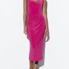 Deeppink Draped Neck Thin Double Straps Midi Dress