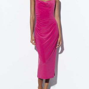Deeppink Draped Neck Thin Double Straps Midi Dress