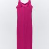Deeppink Draped Neck Thin Double Straps Midi Dress