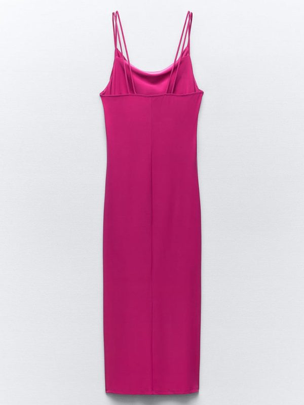 Deeppink Draped Neck Thin Double Straps Midi Dress