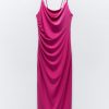Deeppink Draped Neck Thin Double Straps Midi Dress