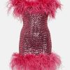 Deeppink Feather Trim Sequin Strapless Mini Dress