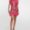 Deeppink Feather Trim Sequin Strapless Mini Dress