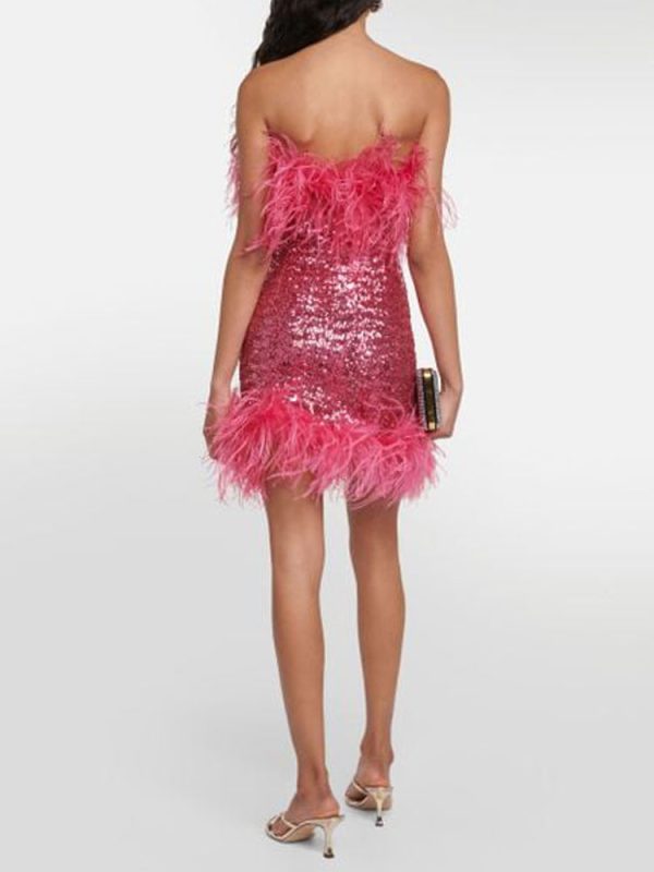 Deeppink Feather Trim Sequin Strapless Mini Dress