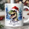 Dinosaur with Santa Hat Personalized Mug, Winter Forest Christmas Gift With Custom Name and Date