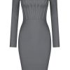 Diva Notch Scoop Neck Long Sleeve Bandage Bodycon Mini Dress - Gray