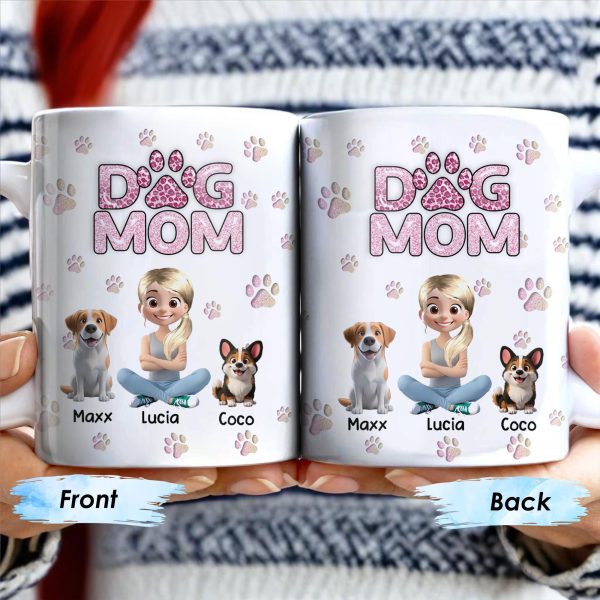 Dog Mom, Paw Prints and Cartoon Dogs - Personalized Custom Coffee Mug - DOG027_MG