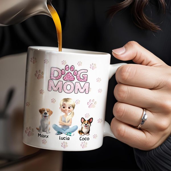 Dog Mom, Paw Prints and Cartoon Dogs - Personalized Custom Coffee Mug - DOG027_MG