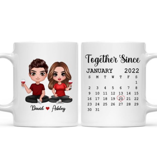 Doll Couple Sitting Anniversary Date Calendar Personalized Mug - Gift For Couple - Gift For Him - Gift For Her