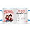Doll Couple Sitting Under Red Tree Calendar Anniversary Date Gift For Him For Her Personalized Mug