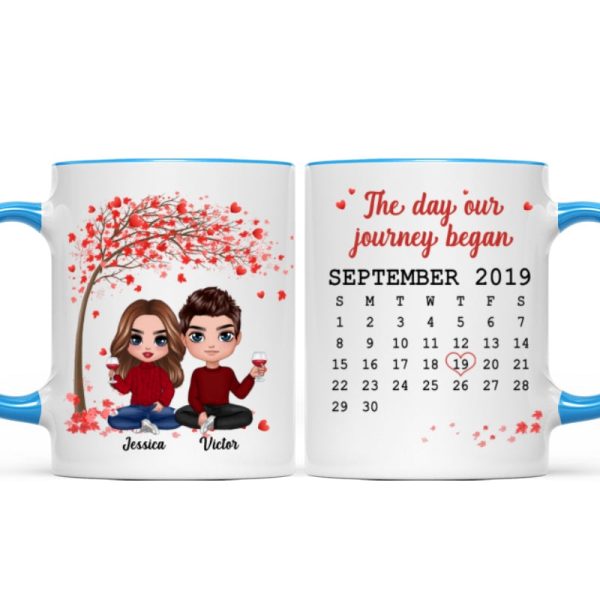 Doll Couple Sitting Under Red Tree Calendar Anniversary Date Gift For Him For Her Personalized Mug