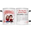 Doll Couple Sitting Under Red Tree Calendar Anniversary Date Gift For Him For Her Personalized Mug