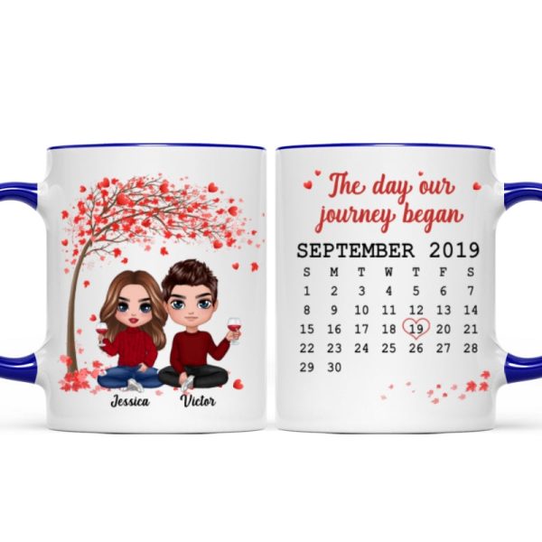 Doll Couple Sitting Under Red Tree Calendar Anniversary Date Gift For Him For Her Personalized Mug