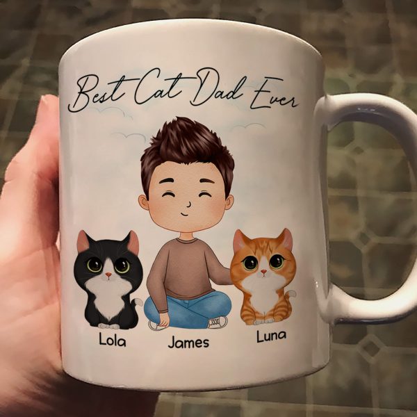 Doll Man Sitting With Cats Watercolor Style Best Cat Dad Ever Personalized Mug