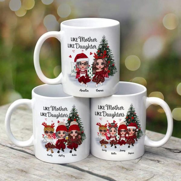 Doll Mother And Daughters Sitting Beside Christmas Tree Personalized Mug