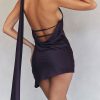 Elegant Draped Backless Wrap Halter Tie Satin Mini Dress - Purple