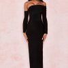 Elegant Off Shoulder Slit Back Bandage Maxi Evening Dress - Black