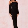 Elegant Off Shoulder Slit Back Bandage Maxi Evening Dress - Black