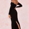 Elegant Off Shoulder Slit Back Bandage Maxi Evening Dress - Black