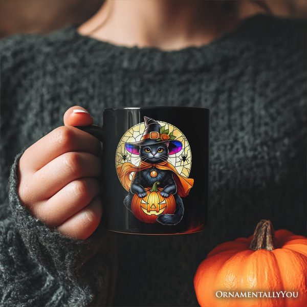 Enchanted Cat Witch Stained Glass Style Personalized Mug, Halloween Themed Gift with Custom Name