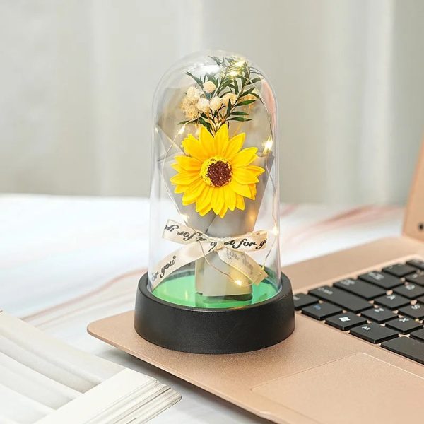 Everlasting Rose LED Glass Dome Bouquet Romantic Decorative Ornament for Valentine’s Day and Home