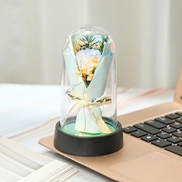 Everlasting Rose LED Glass Dome Bouquet Romantic Decorative Ornament for Valentine’s Day and Home