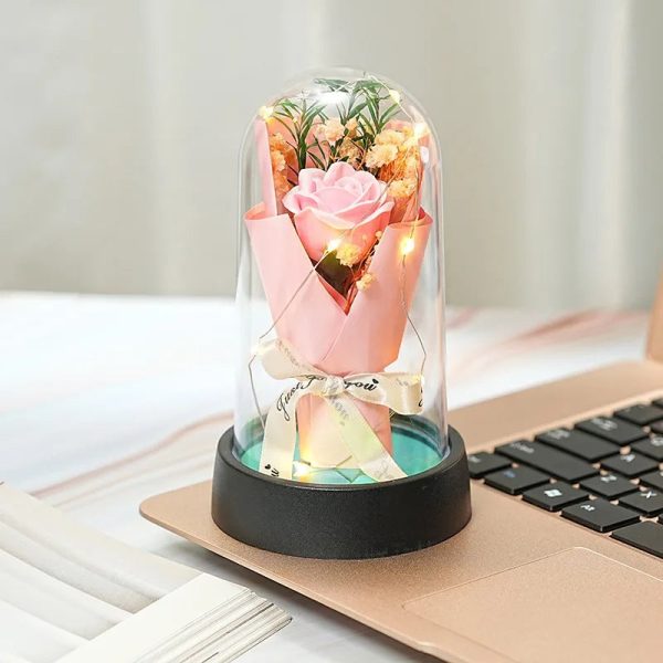 Everlasting Rose LED Glass Dome Bouquet Romantic Decorative Ornament for Valentine’s Day and Home