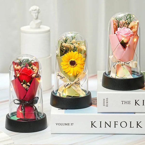 Everlasting Rose LED Glass Dome Bouquet Romantic Decorative Ornament for Valentine’s Day and Home