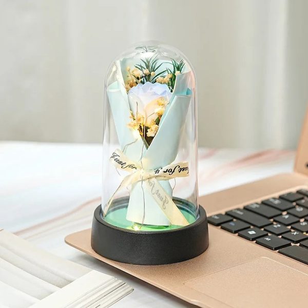 Everlasting Rose LED Glass Dome Bouquet Romantic Decorative Ornament for Valentine’s Day and Home