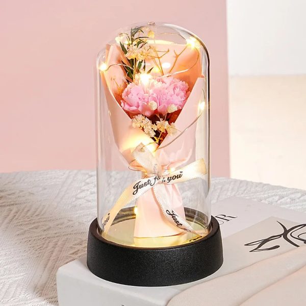 Everlasting Rose LED Glass Dome Bouquet Romantic Decorative Ornament for Valentine’s Day and Home